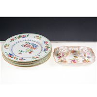 Lot 47 - Four Chinese famille rose plates, 19th Century, floral decoration, diameter 23cm and a Dresden encrier, painted with floral sprays, width 19cm.