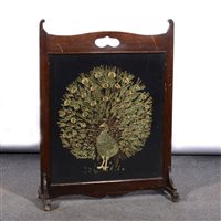 Lot 431 - Edwardian stained wood firescreen, embroidered panel of a peacock