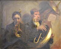 Lot 319 - Gwenzal Wood, Two Musicians, signed, oil on canvas (torn).