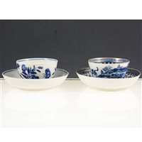 Lot 18 - First period Worcester tea bowl and saucer,; and a Caughley Fisherman pattern tea bowl and saucer, [4]