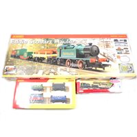 Lot 191 - Hornby 00 gauge R1061 Eddie Stobart Hauler train set boxed, Hornby set of four Railroad wagons, and a Trackside model by Lledo, (3).