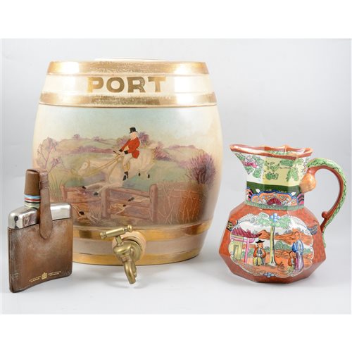 Lot 111 - Pair of Staffordshire pottery barrels, "Port" and "Special Extra Scotch" each printed with a hunting scene, 33cm, a Masons Ironstone hydra jug, and a hip flask with tots, (4).