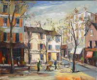 Lot 420 - George Hann, Continental street scene with cafe, oil on canvas