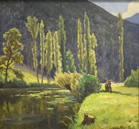 Lot 417 - Constantin Font, Riverbank and wooded fell, oil on canvas