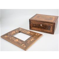 Lot 168 - George III straw-work box, and a Sorrento marquetry photograph frame (2)