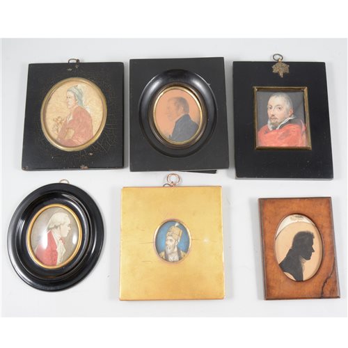 Lot 124 - Mughal style portrait miniature, Emperor Shah Jahan, and six other miniatures.