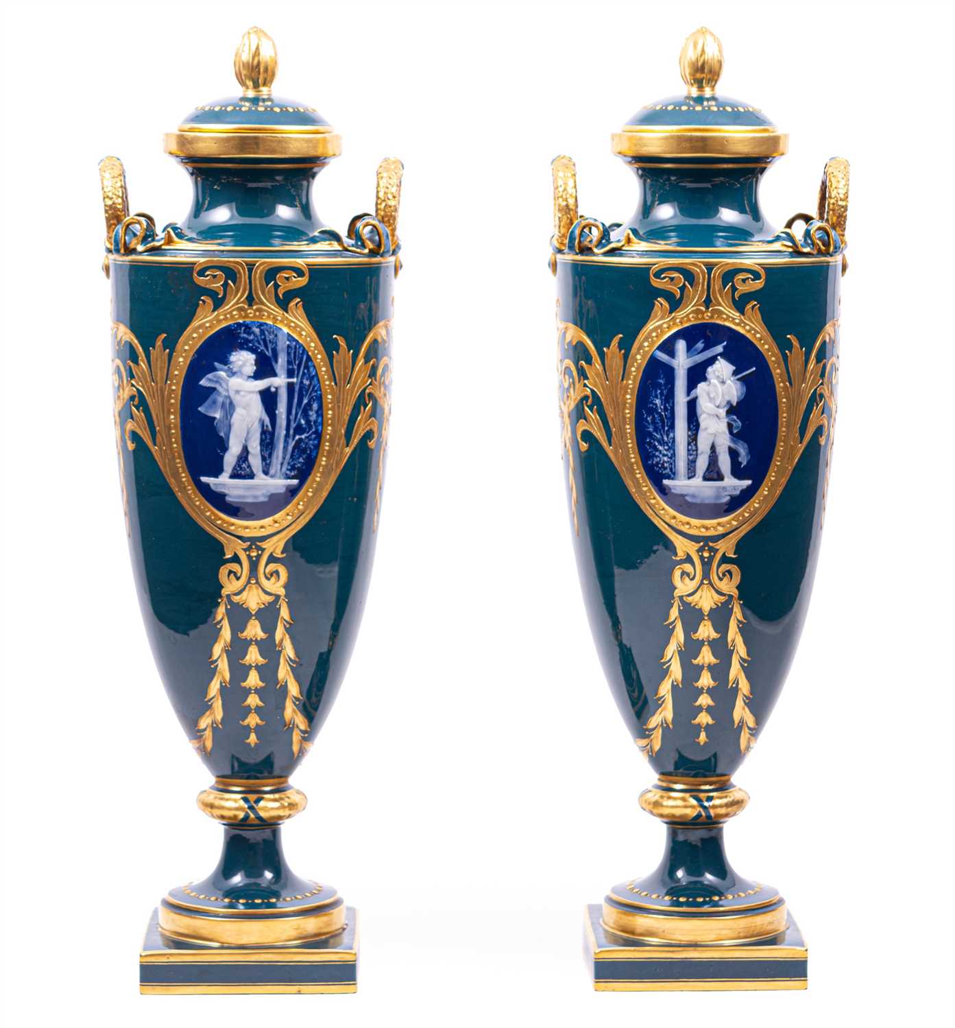 Lot 40 - A pair of Minton pâte-sur-pâte vases by Albion Birks, 1909