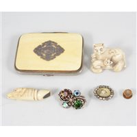 Lot 201 - An ivory netsuke of two animals, small ivory whistle, a 15 carat yellow gold tie stud, vintage card case, Edwardian button with miniature surrounded by paste, single paste earring.