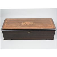 Lot 150 - A Swiss musical box playing twelve airs, stained wood case with inlaid rosewood lid.