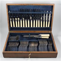 Lot 113 - A canteen of electroplated cutlery, Mappin & Webb, eight place setting, oak case with a presentation plaque.