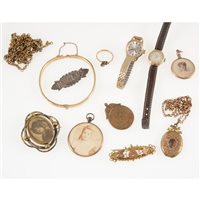 Lot 351 - A collection of Victorian and later jewellery, metal chains and locket, rolled gold bangle, photograph pendants, small ring, two wrist watches etc.