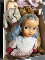 Lot 184 - A Pedigree celluloid doll, doll shaped nightdress case, straw filled dog and tiger, two felt toys, Vistascreen viewfinder and cards.