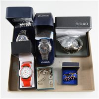 Lot 334 - Four wrist watches - gentlemen's stainless steel Seiko Titanium, Maine Chronograph, Lorus Alarm, a lady's Gossip fashion watch, all boxed, four pairs of cufflinks.