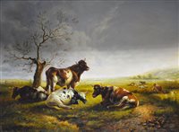 Lot 430 - B Hollis, Cattle in a landscape, oil on board; together with two prints of cattle (3)