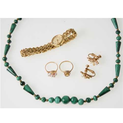 Lot 299 - A collection of modern jewellery, a 50cm malachite bead necklace, a lady's Rotary gold-plated bracelet watch, a pair of freshwater pearl earscrews