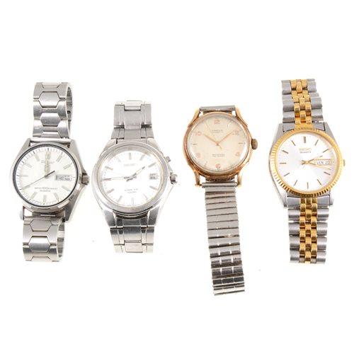 Lot 322 - Four gentlemen's wristwatches, a Marvin automatic watch in a gold coloured case with expanding bracelet, a Pulsar water resistant quartz stainless steel bracelet watch