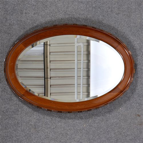 Lot 435 - Oval oak framed mirror, bevelled plate, beaded edging.