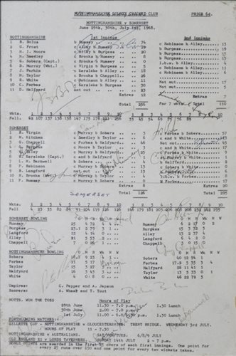 Lot 317 - Two sets of framed cricketers' signatures, Nottinghamshire v Somerset on 29-30 June and 01 July 1968, and Nottinghamshire v Kent on 21/23/24 June 1969. (2)