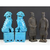 Lot 36 - A box of ceramics, including two replica terracotta warriors (25cm high), a pair of blue glaze oriental lion figurines (25cm high), a child's plate and cup set