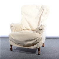 Lot 454 - Edwardian nursing chair, blue upholstery under loose covers.