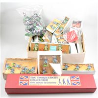 Lot 72 - Britains Toys plastic figures, including knights, cowboys, farm pigs, and The Tournament Collection boxed set.