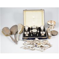 Lot 387 - A silver condiment set by William Suckling Ltd, fitted box by George Tarratt Ltd, black velvet and cream material lining, approx. weight 9.2oz