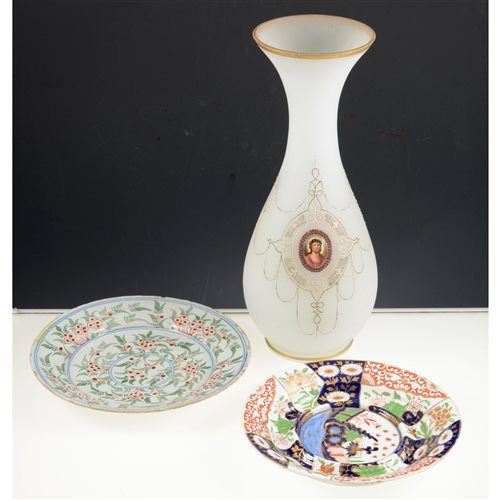 Lot 11 - Staffordshire earthenware dinner service, Bisto Bexley pattern, an opaque glass vase, with a painted panel, Man of Sorrows, Wedgwood blue jasperware salad bowl and matching servers and other ceramics.