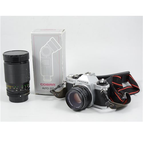 Lot 149 - Pentax MG SLR camera, a Kepcor lens, and a Cobra flash unit