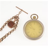 Lot 332 - A rose metal double albert watch chain, graduated faceted belcher links fitted with a T bar, swivel and bolt ring, overall length 37cm, marked 9c, approximate weight 20gm