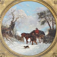 Lot 428 - M E Brunning, ascribed, Winter scene with figures on a cart, oil on canvas