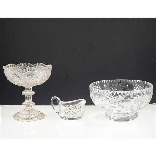 Lot 59 - A tray of pressed and cut glass, fruit bowls, jugs, sweet dishes, liqueur glasses etc