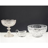 Lot 59 - A tray of pressed and cut glass, fruit bowls, jugs, sweet dishes, liqueur glasses etc