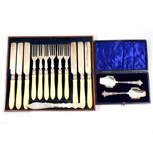 Lot 127 - A boxed pair of silver spoons by Thomas Latham & Ernest Morton, blue velvet and material lining, Chester 1904; silver cutlery by Roberts & Belk, Sheffield 1870; and a small silver knife by William...