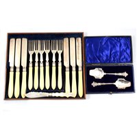 Lot 127A - A boxed pair of silver spoons by Thomas Latham & Ernest Morton, blue velvet and material lining, Chester 1904; silver cutlery by Roberts & Belk, Sheffield 1870; and a small silver knife by William...