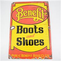 Lot 92 - Advertising: Benefit Boots and Shoes, an enamelled sign, 50 x 33cm.