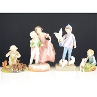 Lot 18 - A collection of Royal Worcester figurines, comprising 'Peter Pan' 3011, 'Pansy' 2930, 'Two Babies' 3450, 'Fantails' 3760, 'Young Farmer' 3433, 'Mischief' 2914 (9)
