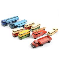 Lot 144 - Dinky Toys diecast model group, playworn examples including Foden petrol tanker, buses, fire engine, etc, (10).