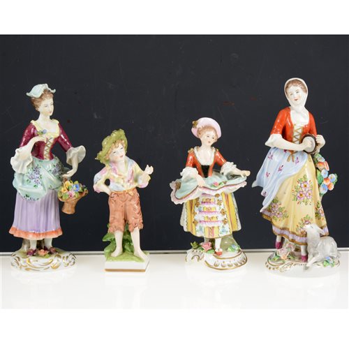 Lot 26 - Pair of Sitzendorf figures, fruit harvesters, 20th Century, 25cm, three other pairs of Sitzendorf figurines and four others, (12).