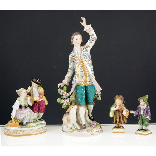 Lot 28 - A collection of porcelain figurines, including three pairs of Sitzendorf figurines and a pair of Unter Weiss Bach figurines (tallest is 27cm high). (13)