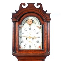 Lot 464 - Mahogany longcase clock, arched painted dial with moon phase, inscribed 'Sic Est Vita Hominis'