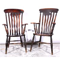 Lot 455 - Pair of Victorian elm and beechwood lathe-back kitchen chairs