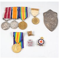 Lot 218 - A collection of WW1 medals and other military badges, including M2-223508 Cpl. F. B. Briggs R.A.S.C. the Meritorious Service Medal, British War Medal, the Victory Medal (9)