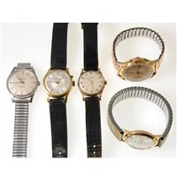 Lot 321 - Five wrist watches, all gentlemen's  - Watex - gold-plated, Smiths Imperial Automatic - stainless steel, Everite - rose coloured gold case, Erest Borel Neuchatel
