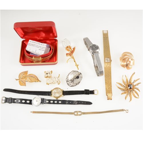 Lot 354 - A jewel box of costume jewellery, A Swarovski crystal and gold-plated rose brooch