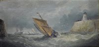 Lot 395 - English School, Headland and Lighthouse, a pair of Seascapes, one inscribed B82, oil on canvas, 19cm x 39cm, (2).