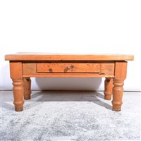 Lot 399 - Reclaimed pine coffee table, rectangular top, turned legs, 101cm x 49cm.