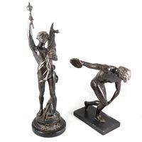 Lot 141 - After C T Perron, Paix et Travail, a patinated bronze sculpture; and another of a discus thrower (2)