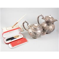 Lot 132 - Silver plated canteen of cutlery, mahogany case,  teaset, chess set, etc.