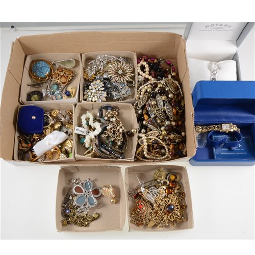 Lot 356 - A box of vintage costume jewellery, bead, haematite, and simulated pearl necklaces, paste set brooches, earrings, micro mosaic brooch