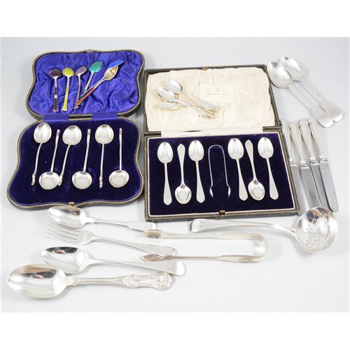 Lot 385 - A quantity of silver flatware, including boxed set of swan-necked teaspoons by William Hutton & Sons Ltd, blue velvet lining, Birmingham 1912; boxed set of six teaspoons plus sugar tongs by C.W. Fl...